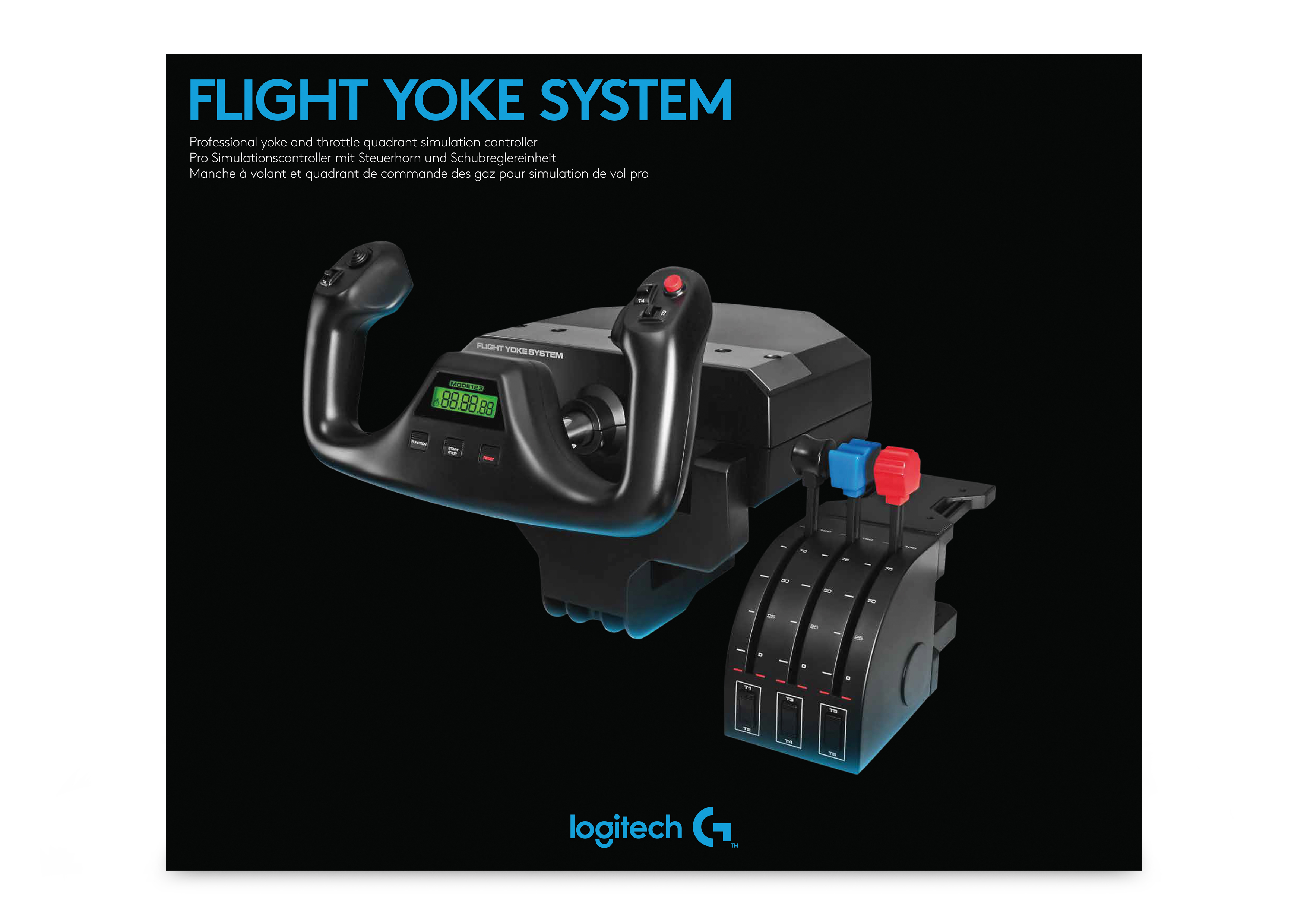 Ein Flugjoch und ein Schubquadrant-Simulationscontroller vor dunklem Hintergrund.