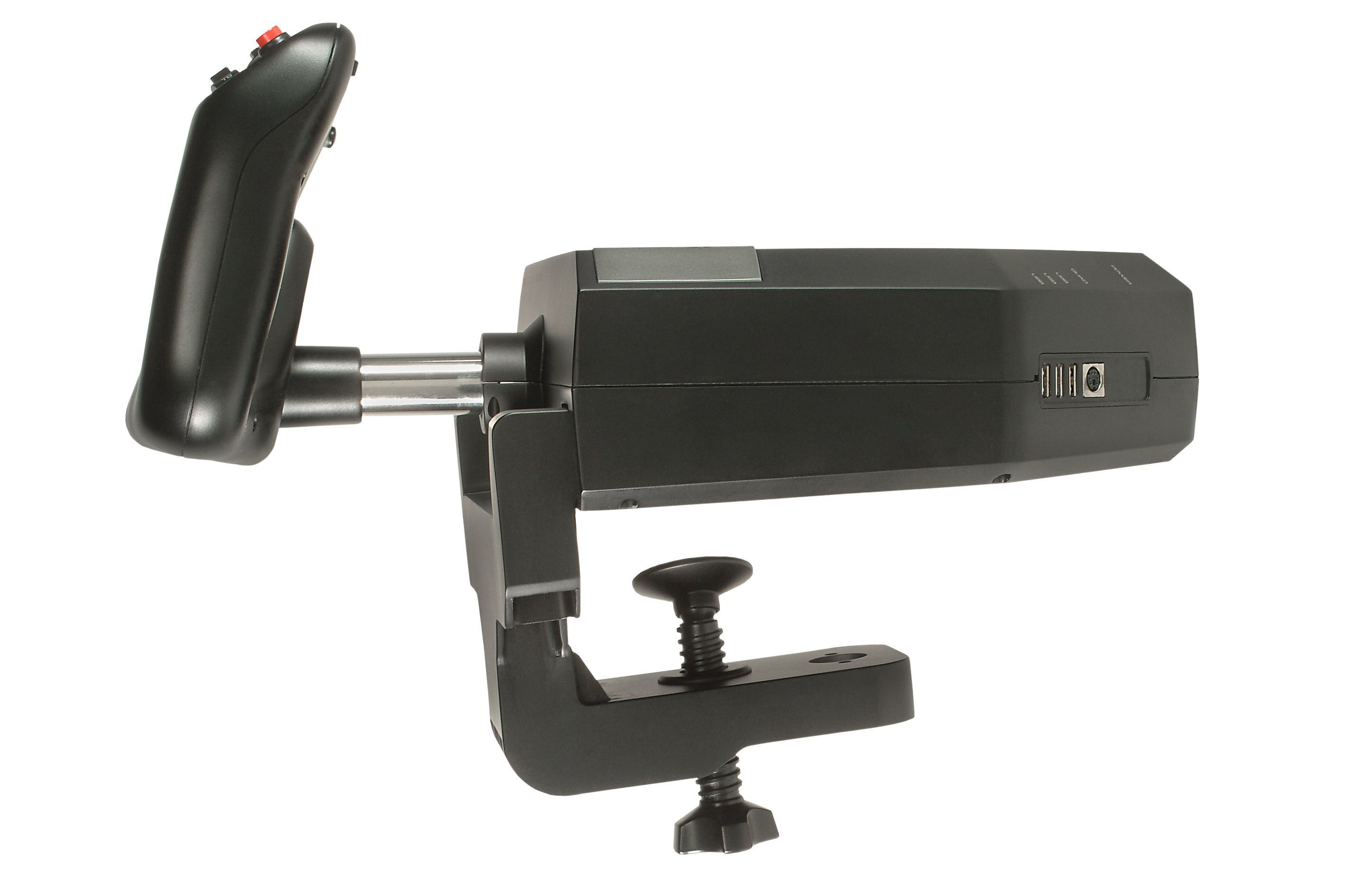 Flugsimulatorsteuerung an einer Klemme. Schwarze Steuerung mit Joystick und Knöpfen. Seitenansicht.