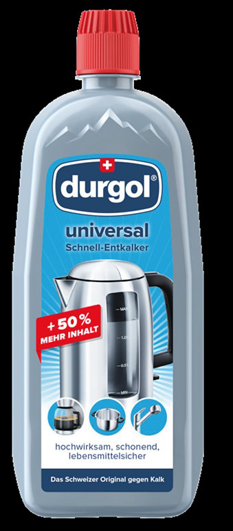 Flasche Durgol Universal Entkalker, mit Wasserkocher-Abbildung. Roter Deckel, blaues Etikett, graue Flasche.