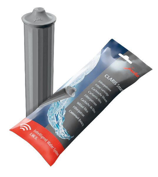 Szary filtr wody i markowe opakowanie wkładu filtra na białym tle.