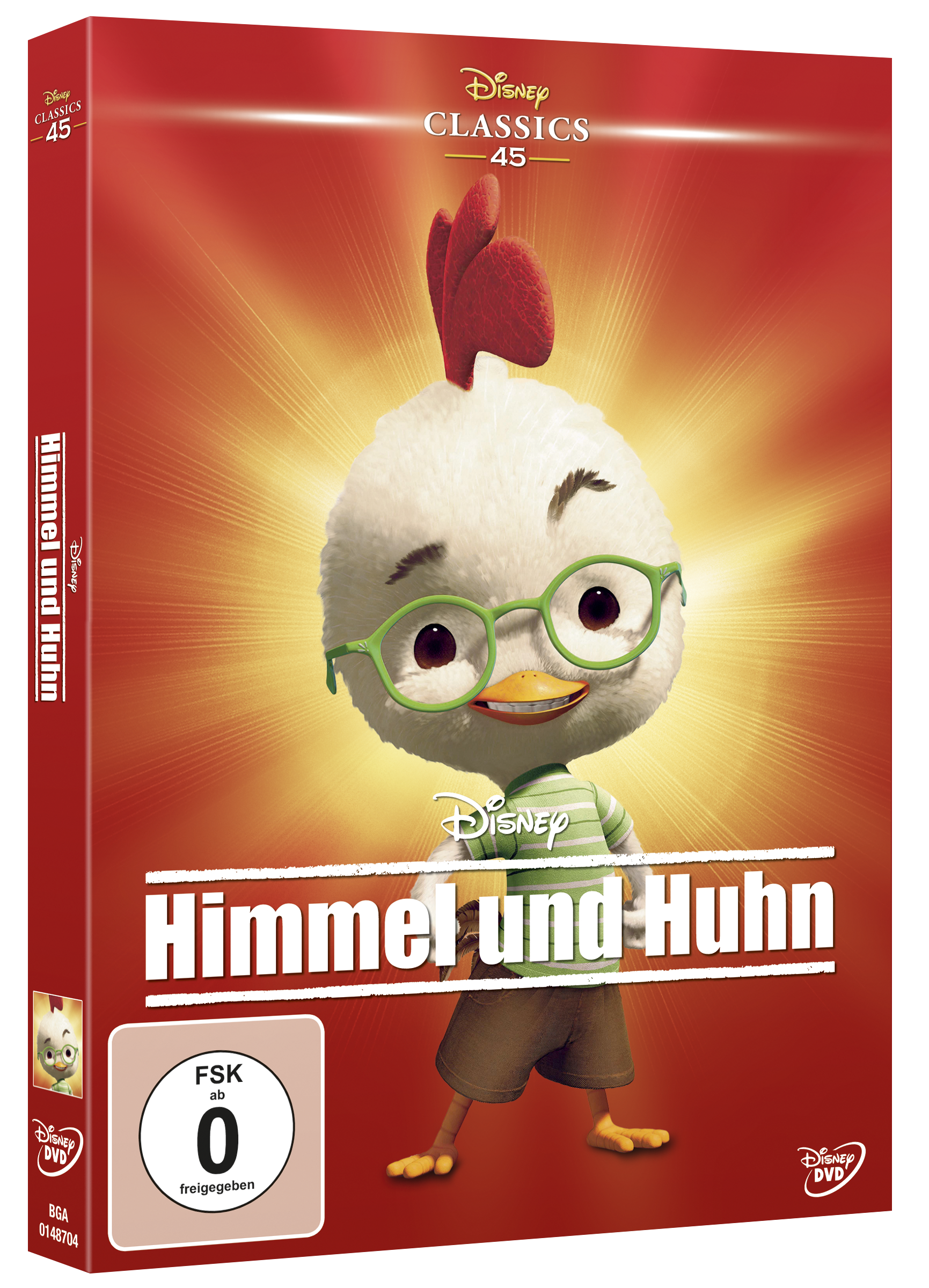 Chicken Little DVD-Cover. Zeichentrickfigur, Text auf Deutsch. Roter Hintergrund.
