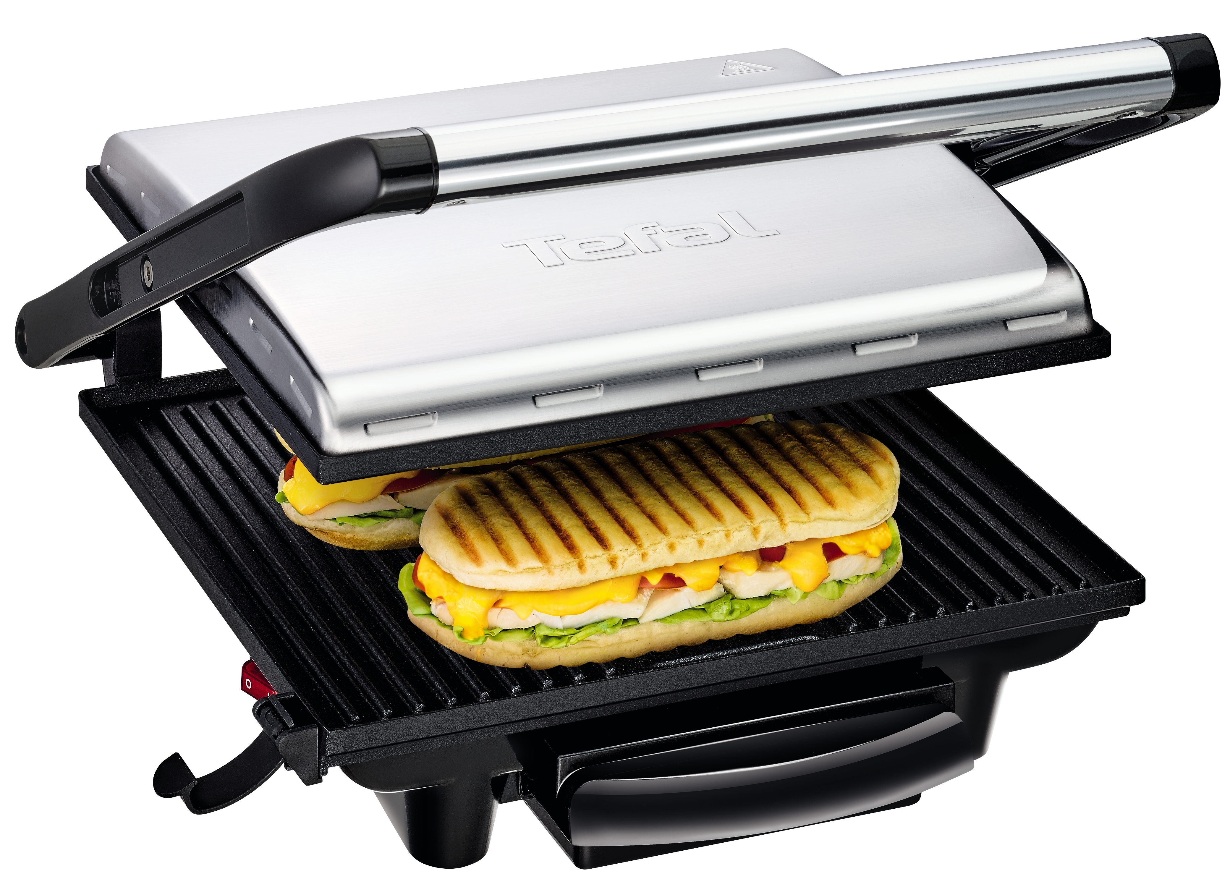 Eine Tefal-Panini-Presse mit einem Sandwich darin. Das Sandwich hat geschmolzenen Käse und gegrilltes Brot.