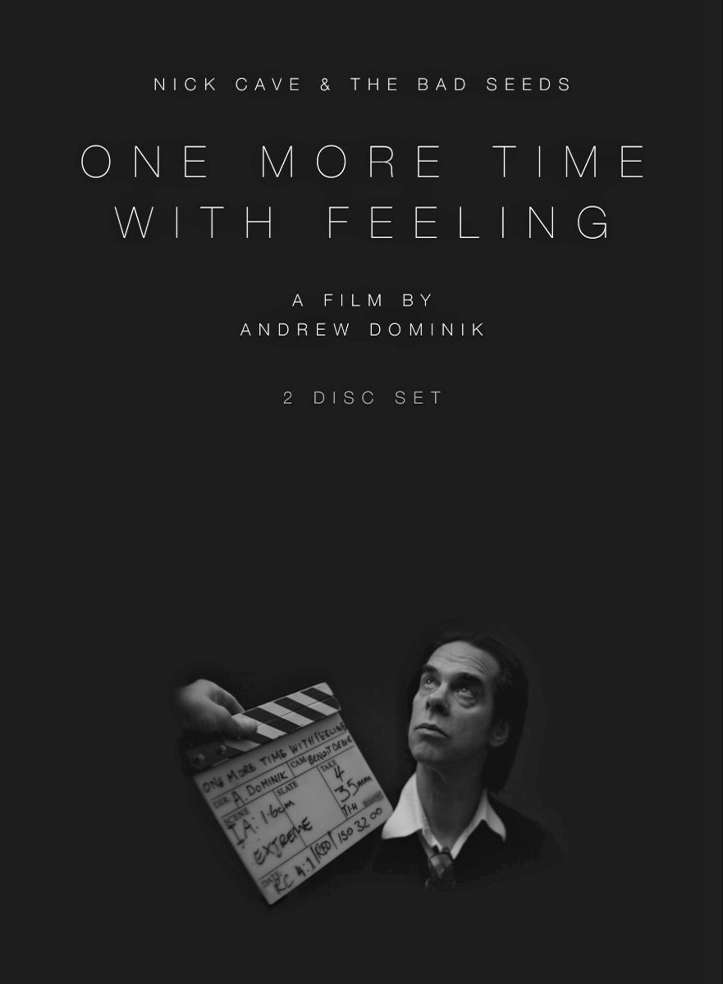 Filmposter voor "One More Time With Feeling". Het toont Nick Cave en een klapper.