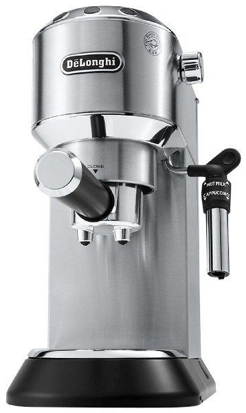Eine Espressomaschine aus Edelstahl. Sie hat einen schwarzen Griff und ein Zifferblatt sowie einen schwarzen Sockel.