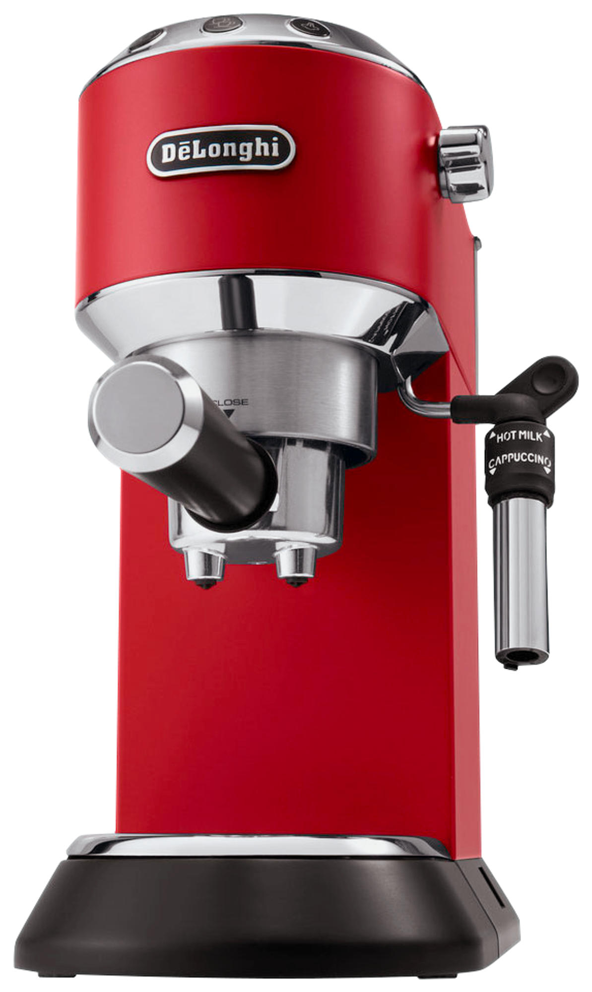 Eine rote DeLonghi Espressomaschine. Sie hat einen schwarzen Sockel und einen silbernen Siebträger.