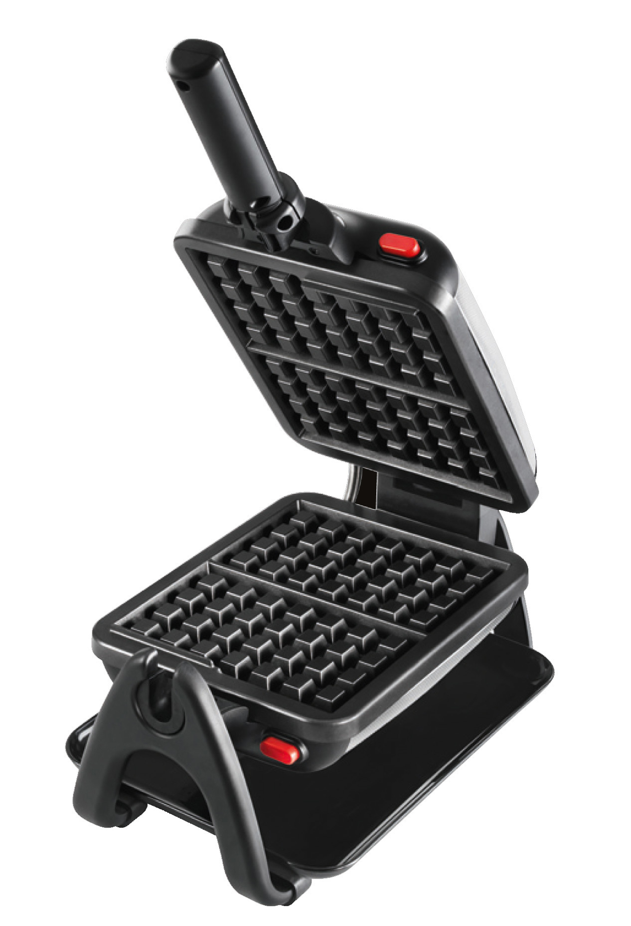 Schwarzer Waffeleisen, offen, zeigt Waffelgitter. Rote Einschaltknöpfe sichtbar.