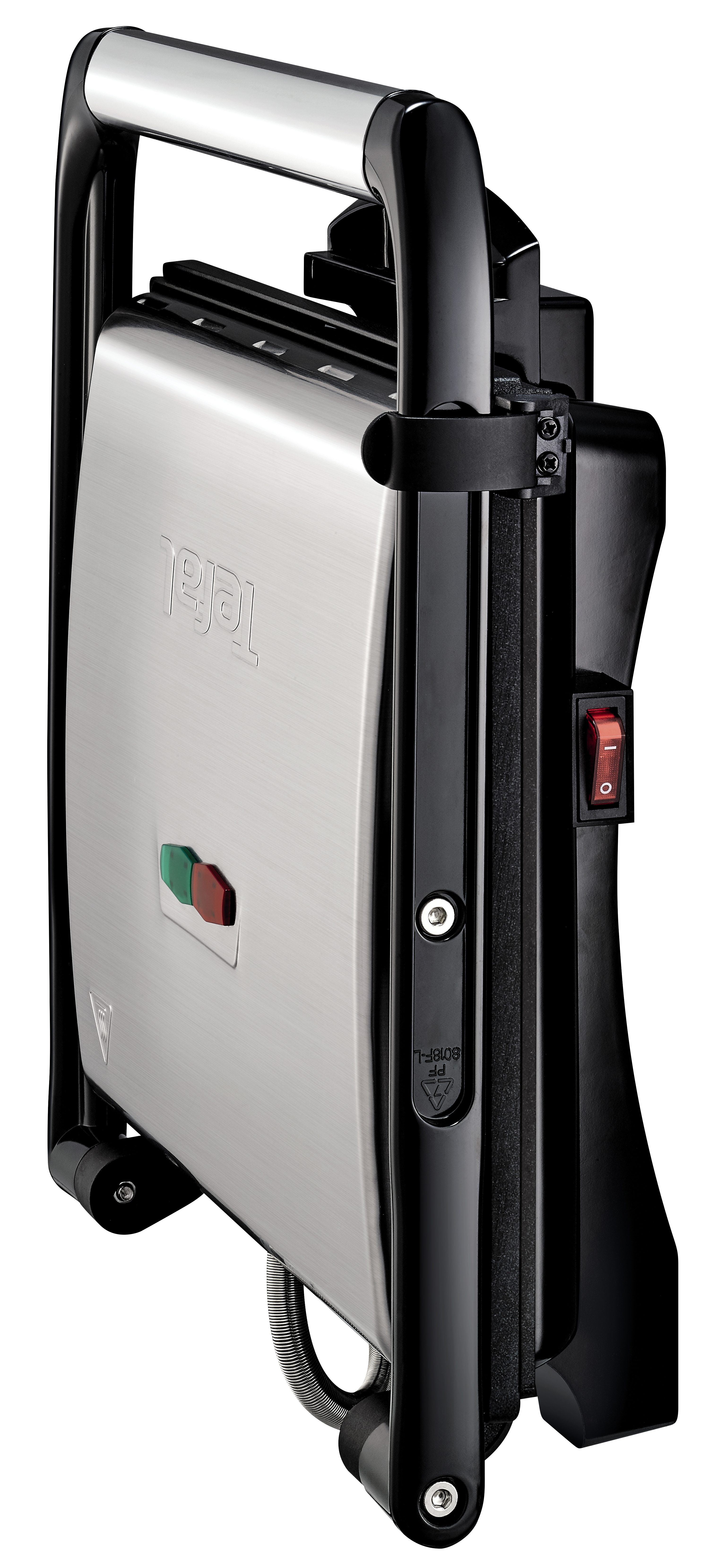Geschlossener silberner Tefal Sandwichmaker. Schwarzer Griff und roter Netzschalter. Seitenansicht.