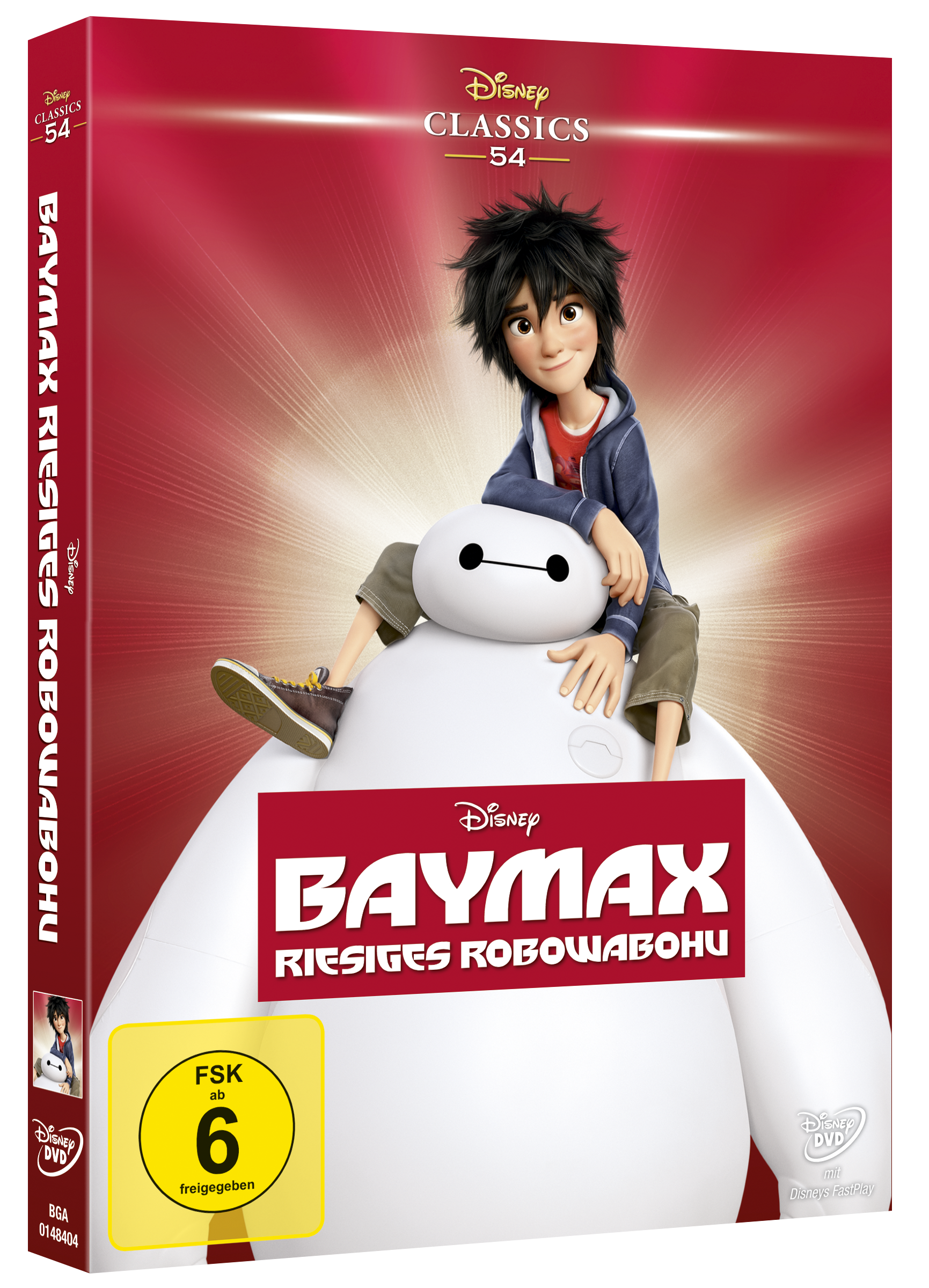 Baymax DVD-Cover mit einem Jungen auf dem Rücken der Figur, roter Hintergrund.