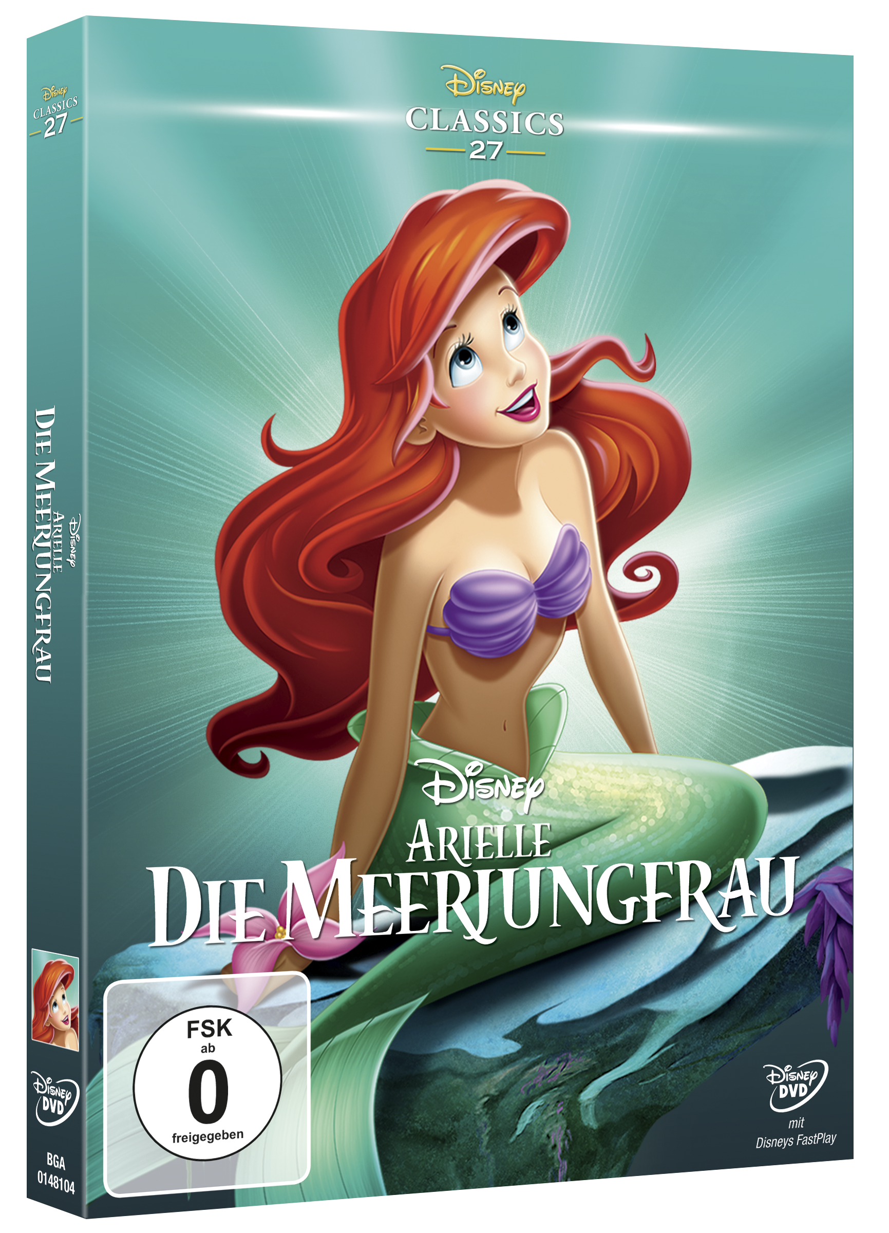DVD-Cover von 'Arielle, die Meerjungfrau' mit Arielle, einer Meerjungfrau, auf türkisem Hintergrund.