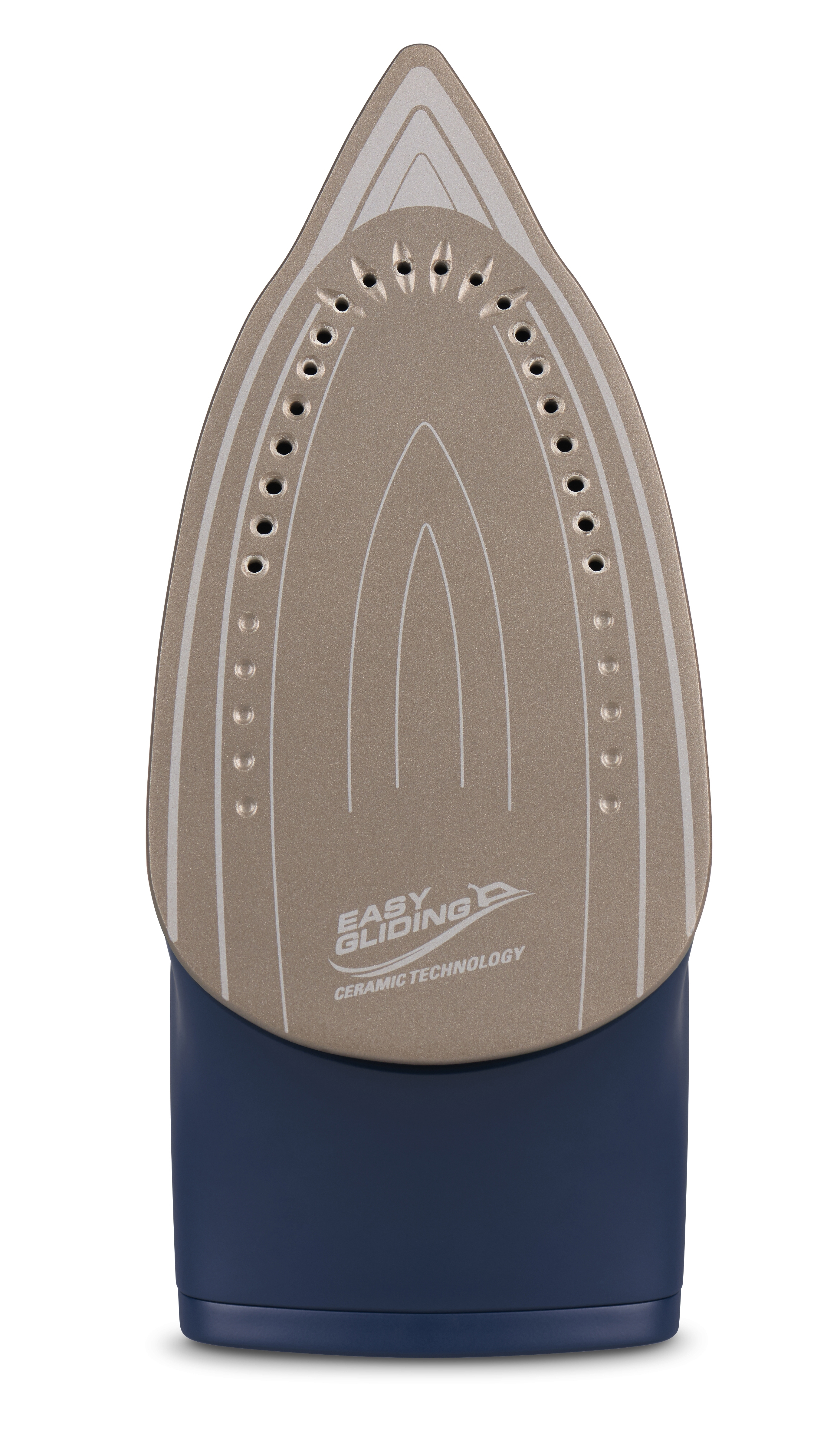 Bügelsohle, Unteransicht. Beige und blau, mit Dampflöchern und Logo.