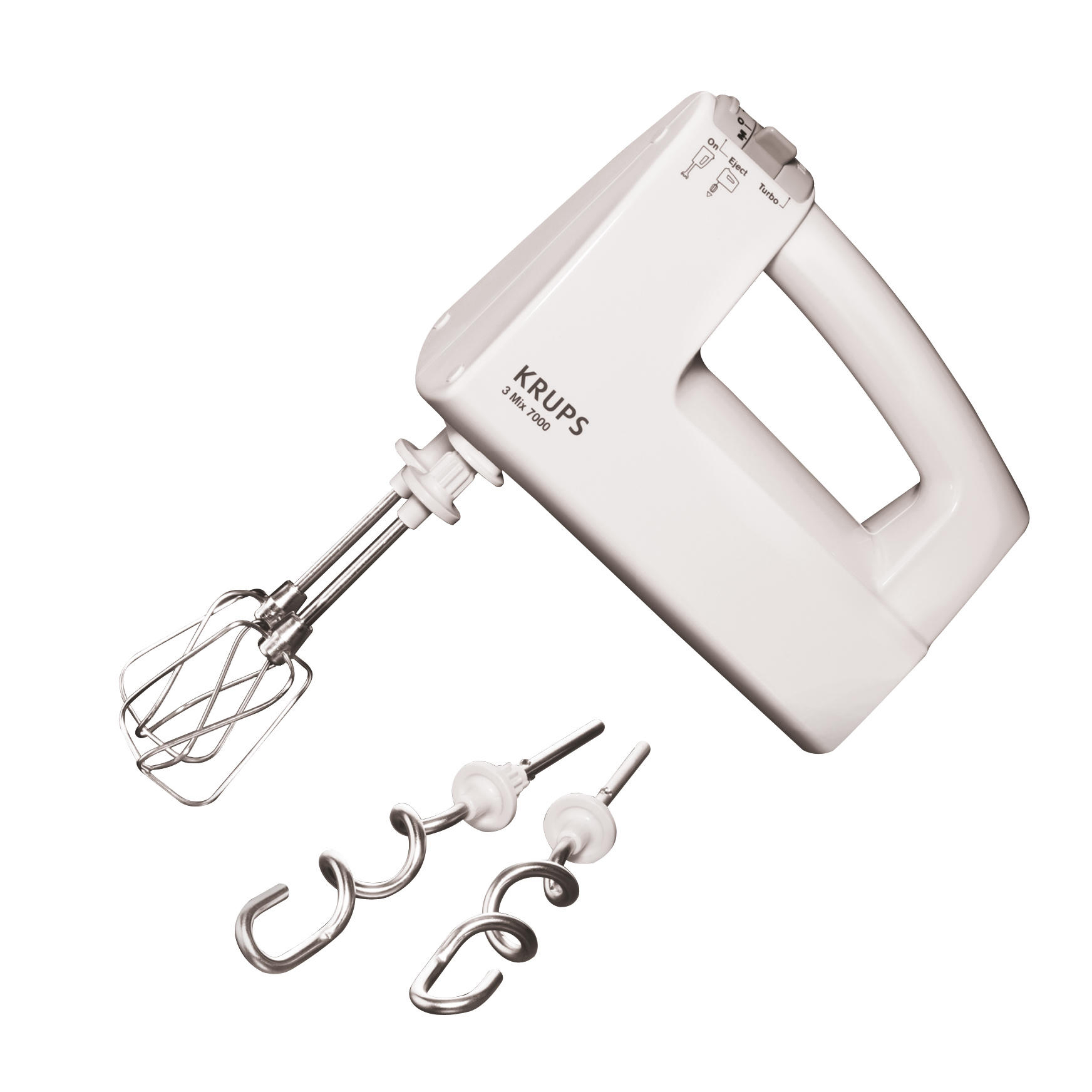 Weißer Handmixer mit Aufsätzen, einschließlich Schneebesen und Knethaken.