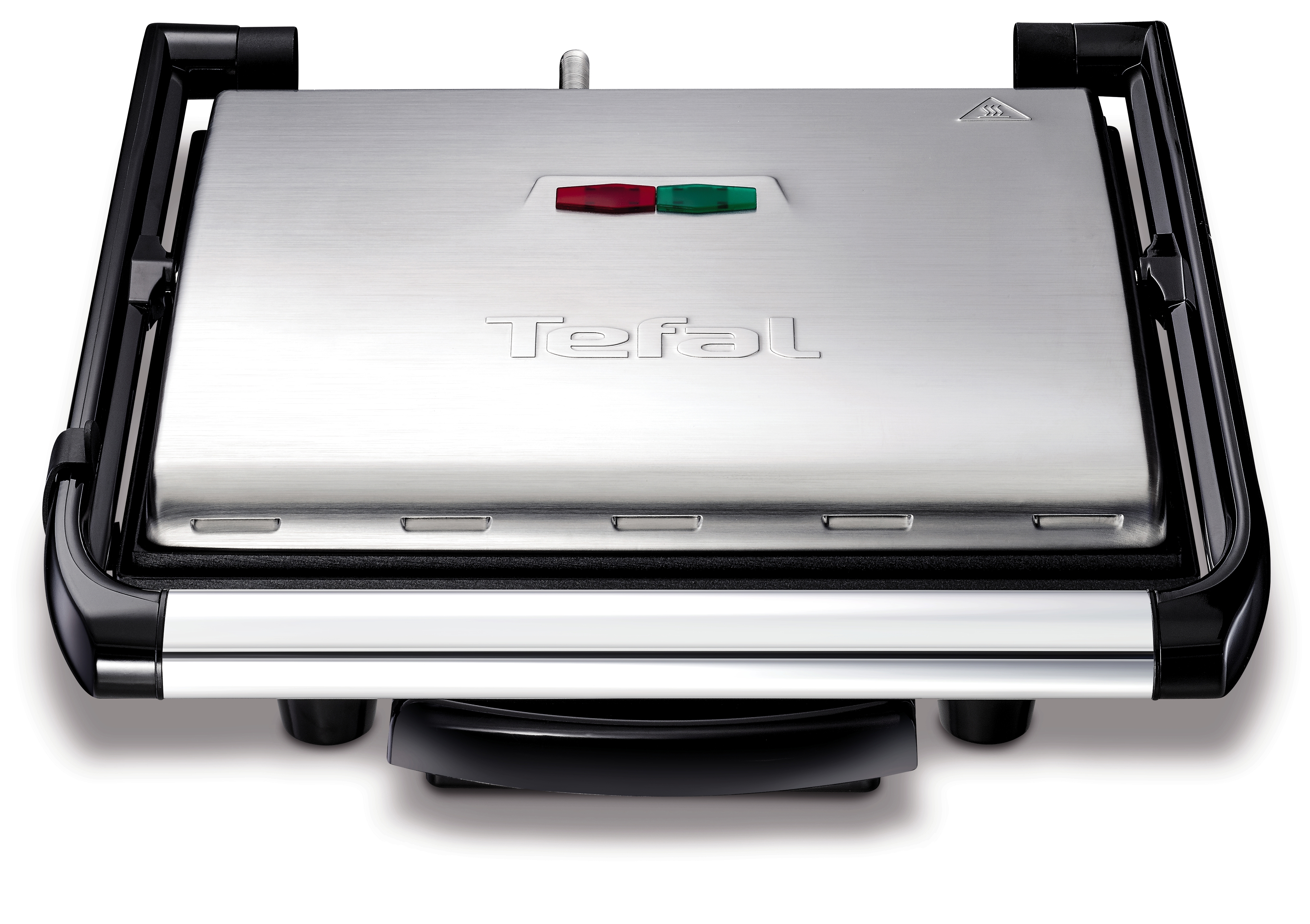 Tefal-Grill. Edelstahl-Oberfläche, schwarzer Rahmen. Rote und grüne Lichter. Isoliert vor weißem Hintergrund.
