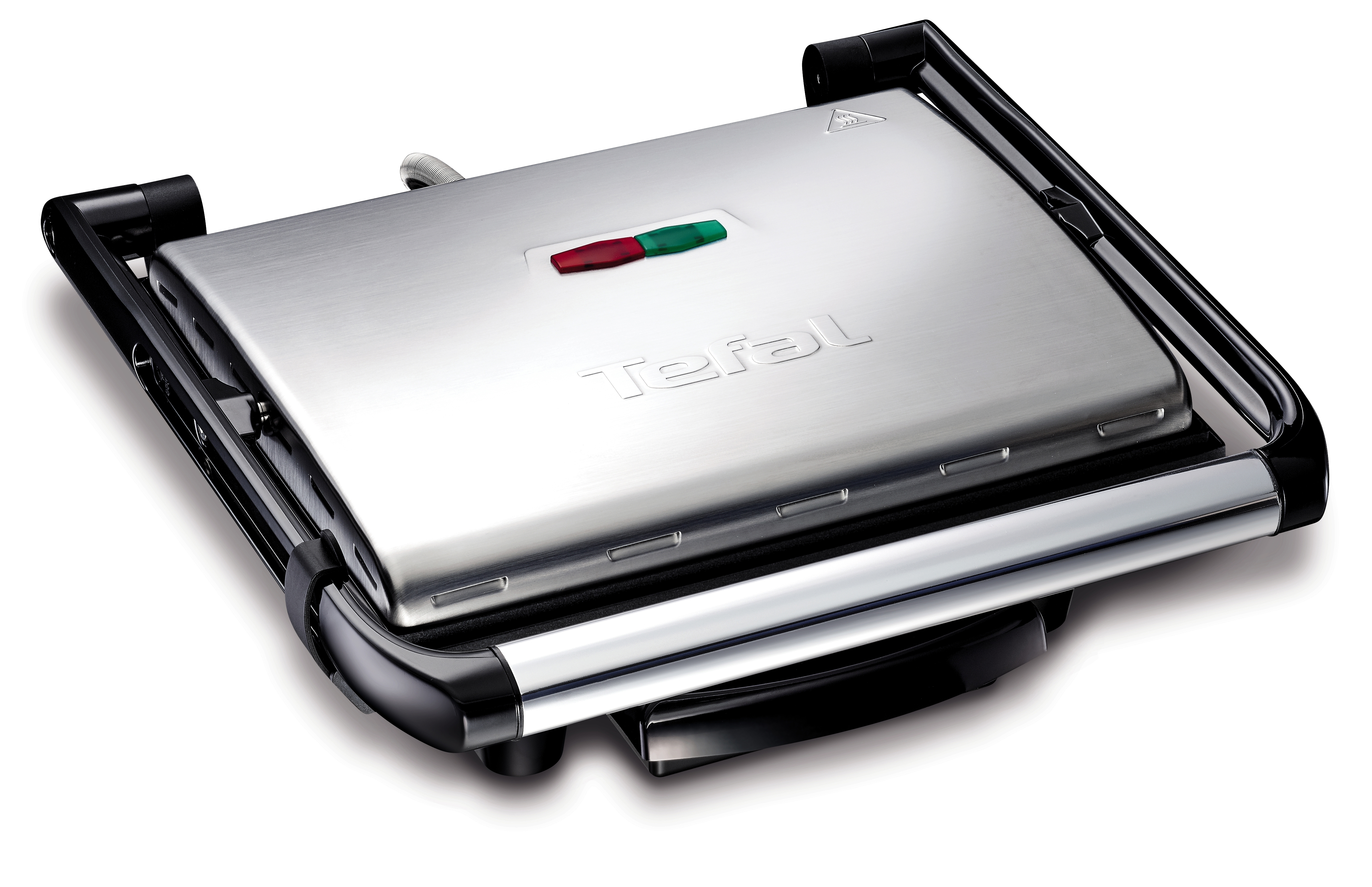 Eine silberne Tefal Panini-Presse, geöffnet, um die Kochflächen zu zeigen.