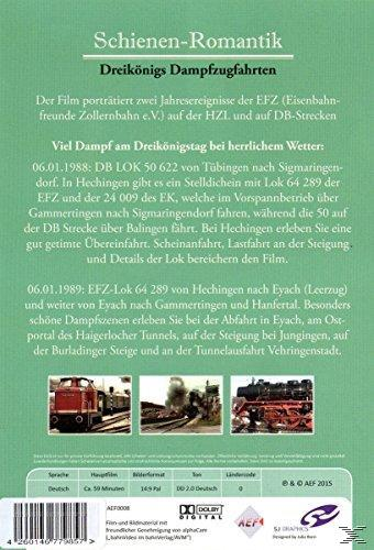 Grüne DVD-Hülle hinten mit Text über eine Zugfahrt. Enthält Bilder von Zügen. Der Text ist auf Deutsch.