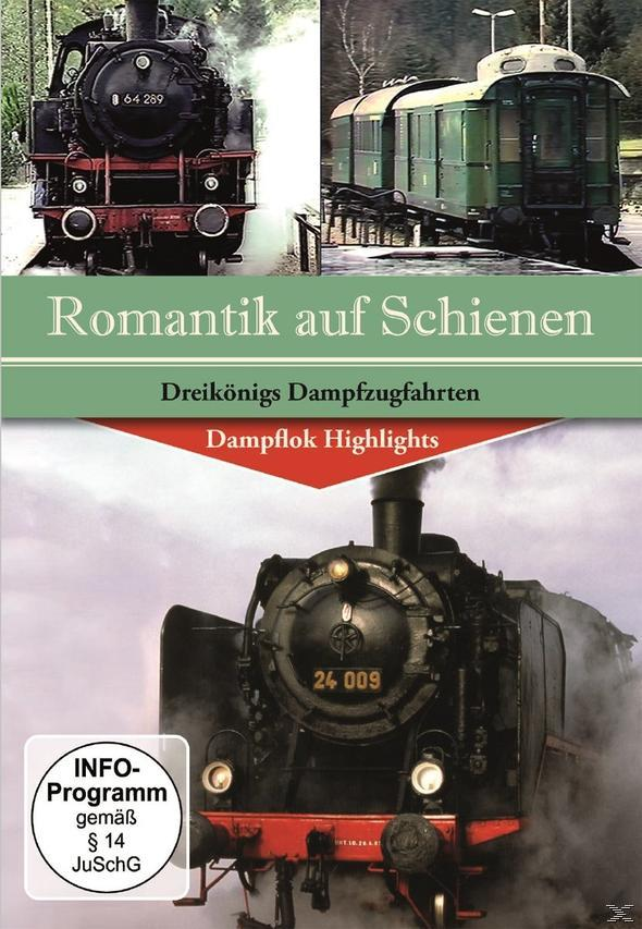 DVD-Cover: Dampfloks, Titel 'Romantik auf Schienen'. Unterer Teil zeigt die Lokomotive.