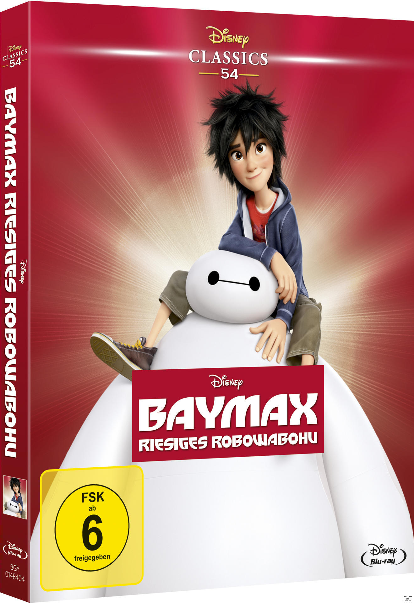 Blu-ray-Cover des Disney-Films 'Baymax – Riesiges Robowabohu', mit Hiro und Baymax.