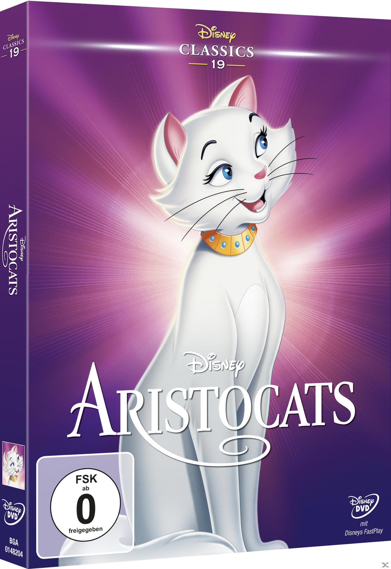 Disney Aristocats DVD-Cover mit einer weißen Katze mit blauen Augen und goldenem Halsband.