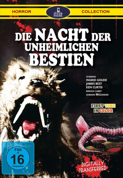 Horror-Filmposter mit fletschendem Monster, rotem Damenschuh und dem Titel Die Nacht der unheimlichen Bestien.