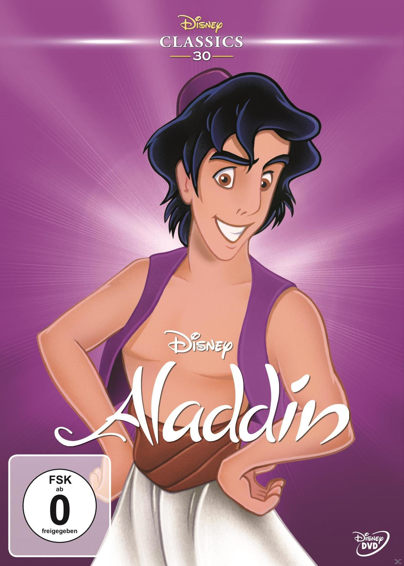 Aladdin DVD-Cover. Aladdin ist vor einem lila Hintergrund mit Text und einem Disney-Logo dargestellt.