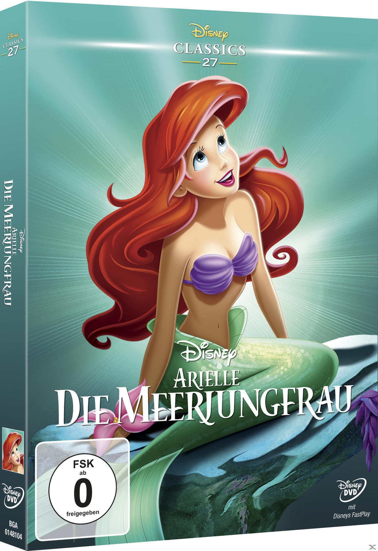 DVD-Cover von Disneys Arielle, die Meerjungfrau, Ariel blickt nach oben. Grüner und blauer Hintergrund.