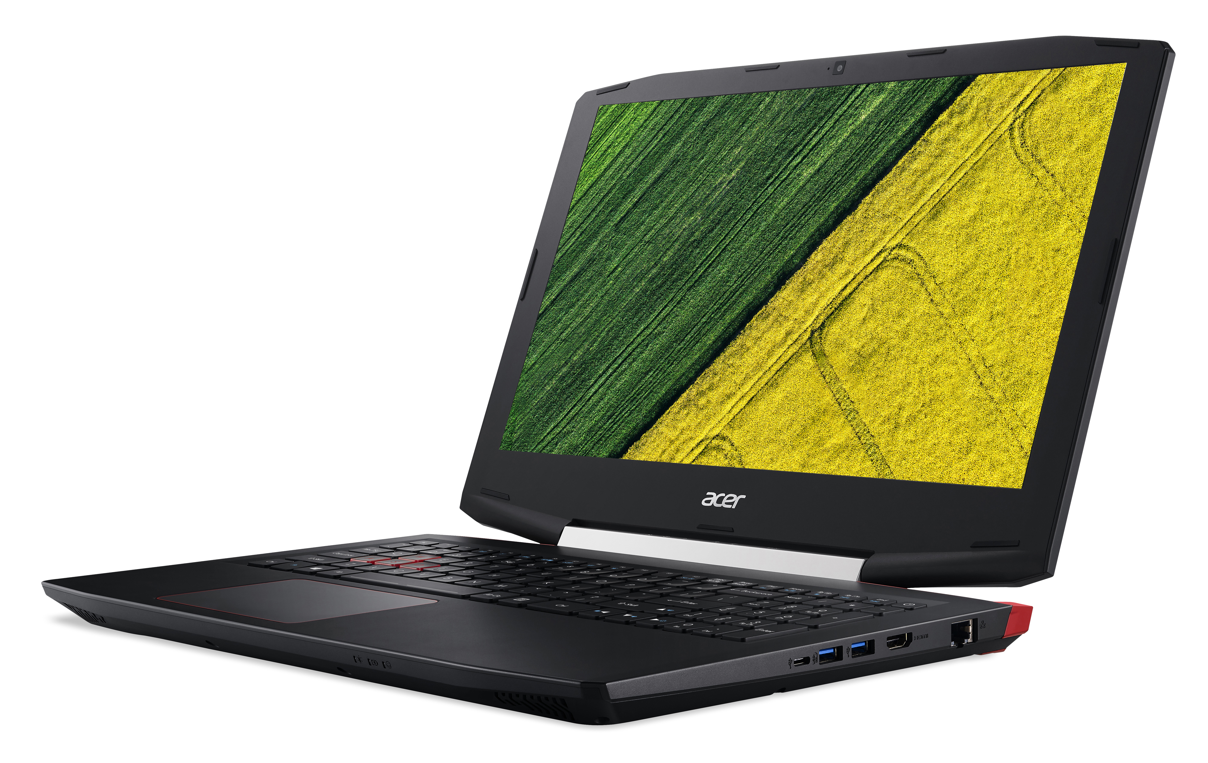 Schwarzer Laptop mit einem Bildschirm, der ein grünes und gelbes Feld zeigt.