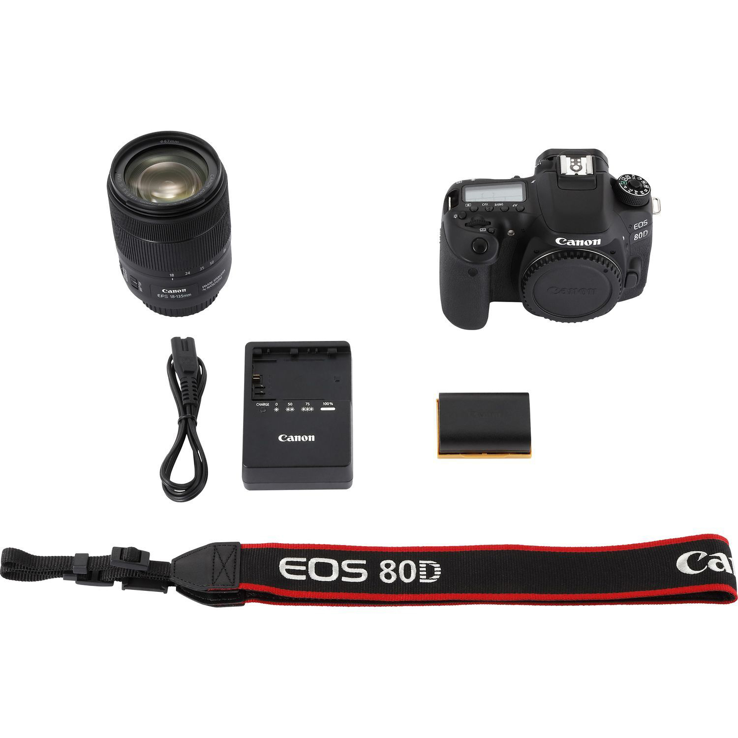 Canon EOS 80D Kamera-Set mit Zubehör auf Weiß.