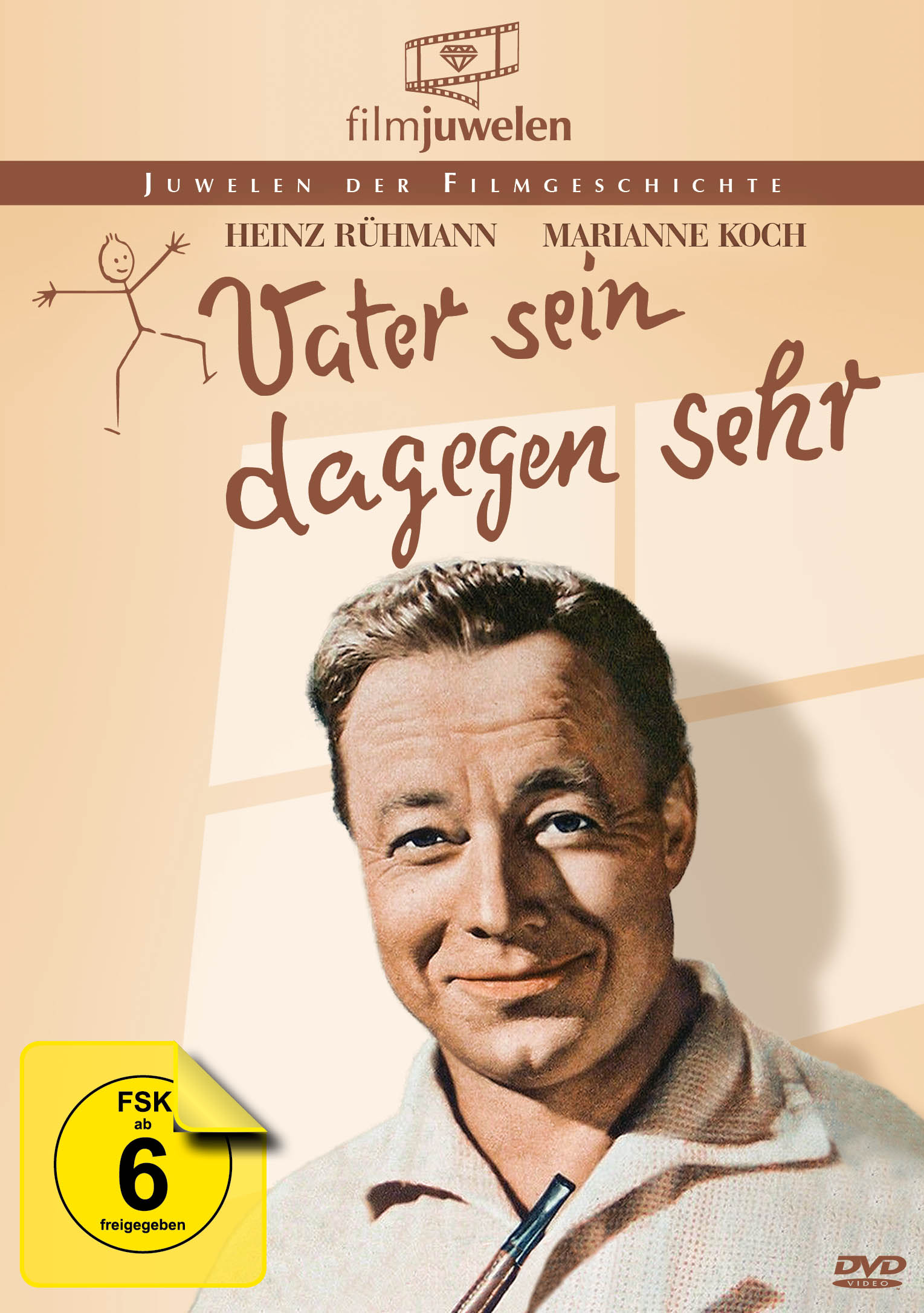Filmplakat. Mann mit Stift lächelt. Text: Vater sein dagegen sehr. FSK 6 Logo.