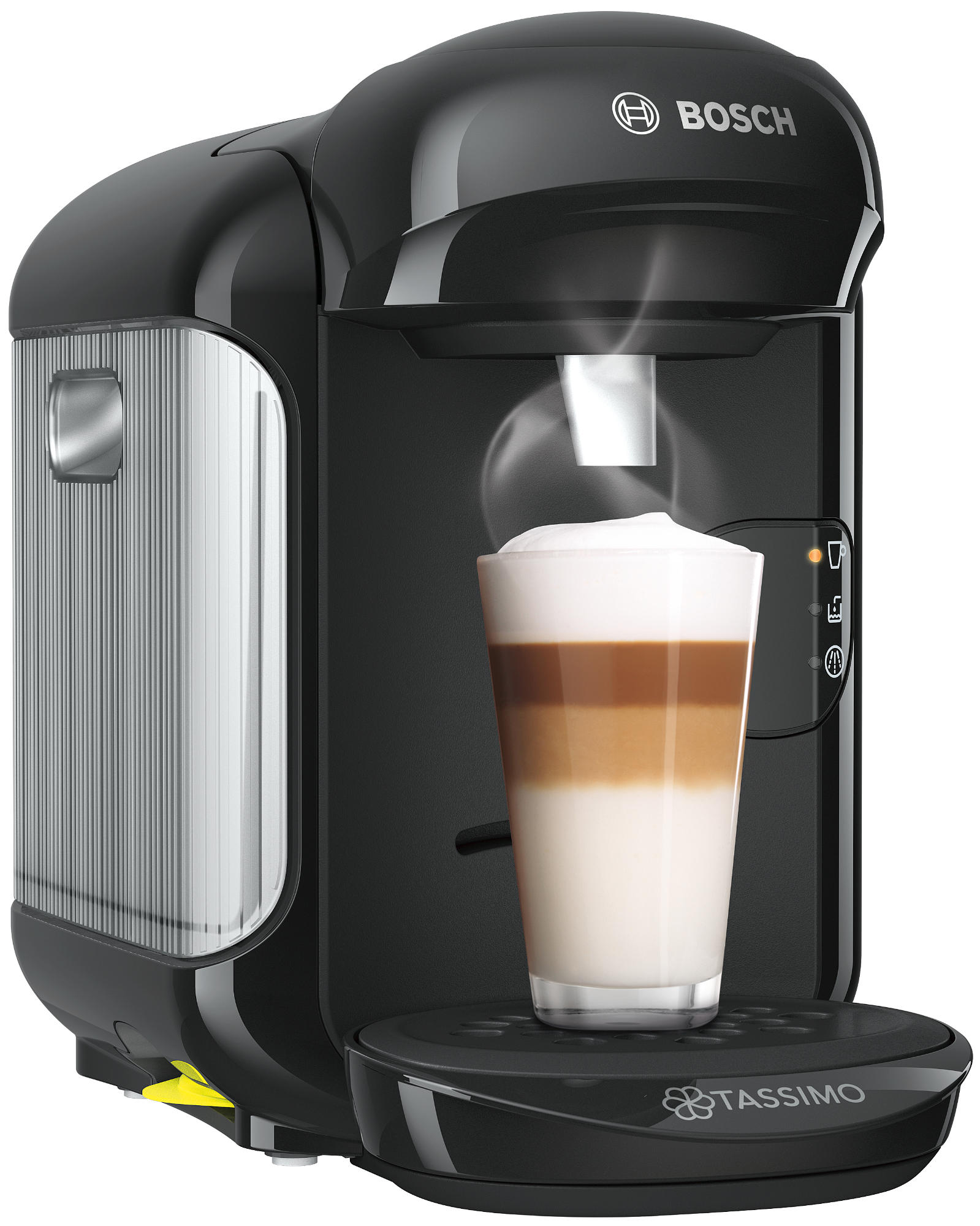 Schwarze Tassimo Kaffeemaschine mit Latte-Glas, Dampf.