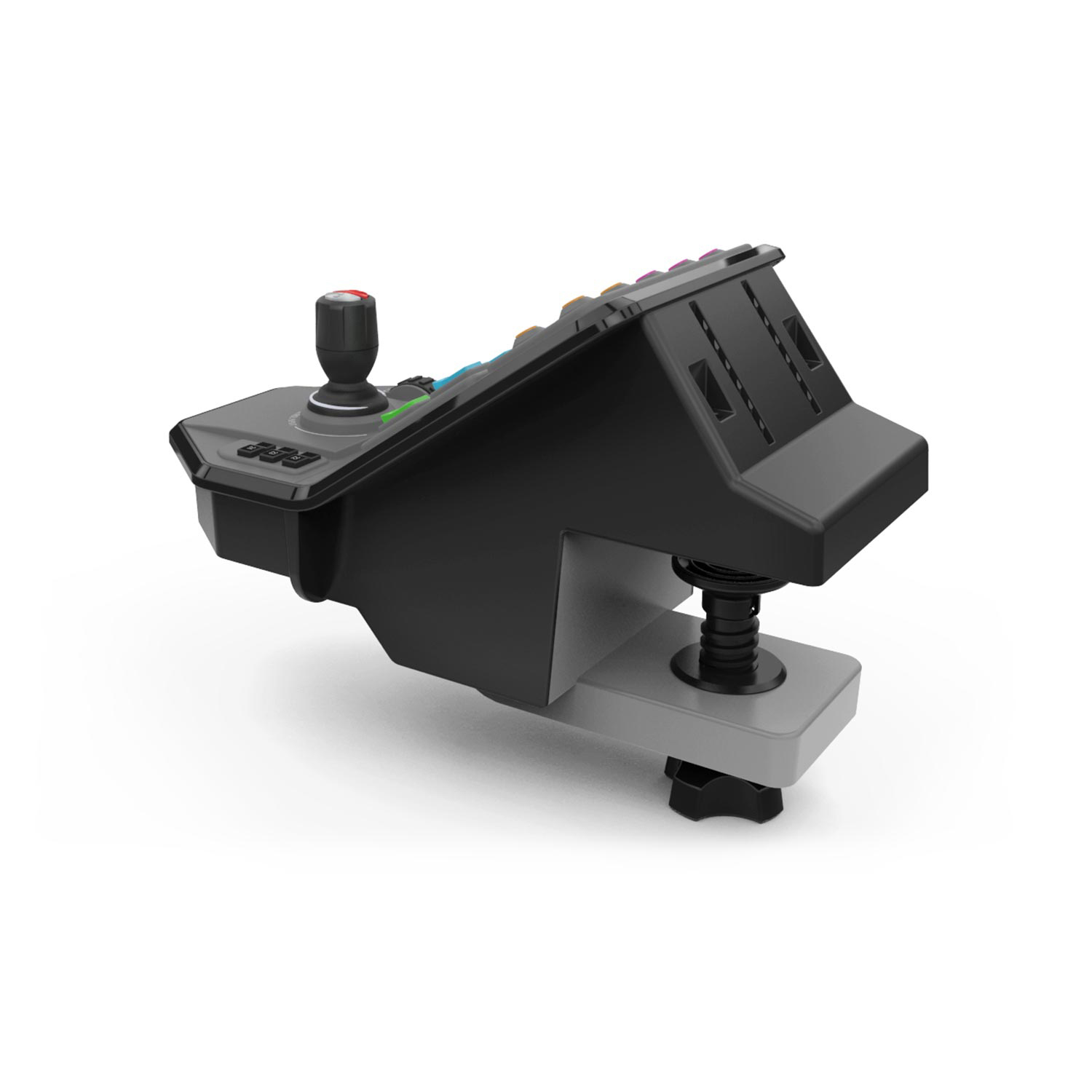 Schwarzer und grauer Gaming-Controller mit Joystick und Tasten. Er hat eine Klemme.