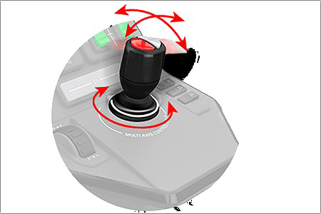 Schwarzer Joystick mit roter Taste. Pfeile zeigen die Mehrachssteuerung an.