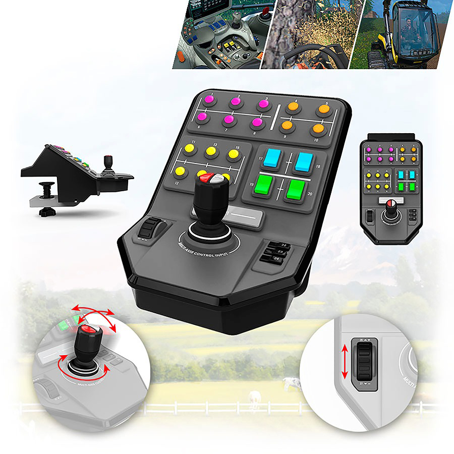Ein schwarzes Bedienfeld mit vielen Knöpfen und einem Joystick mit Diagramm.