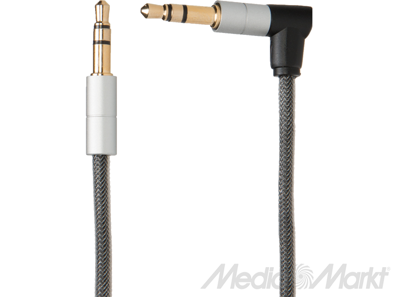 Fekete és szürke audiokábel 3,5 mm-es jack csatlakozókkal. A kábel jobbra hajlított.