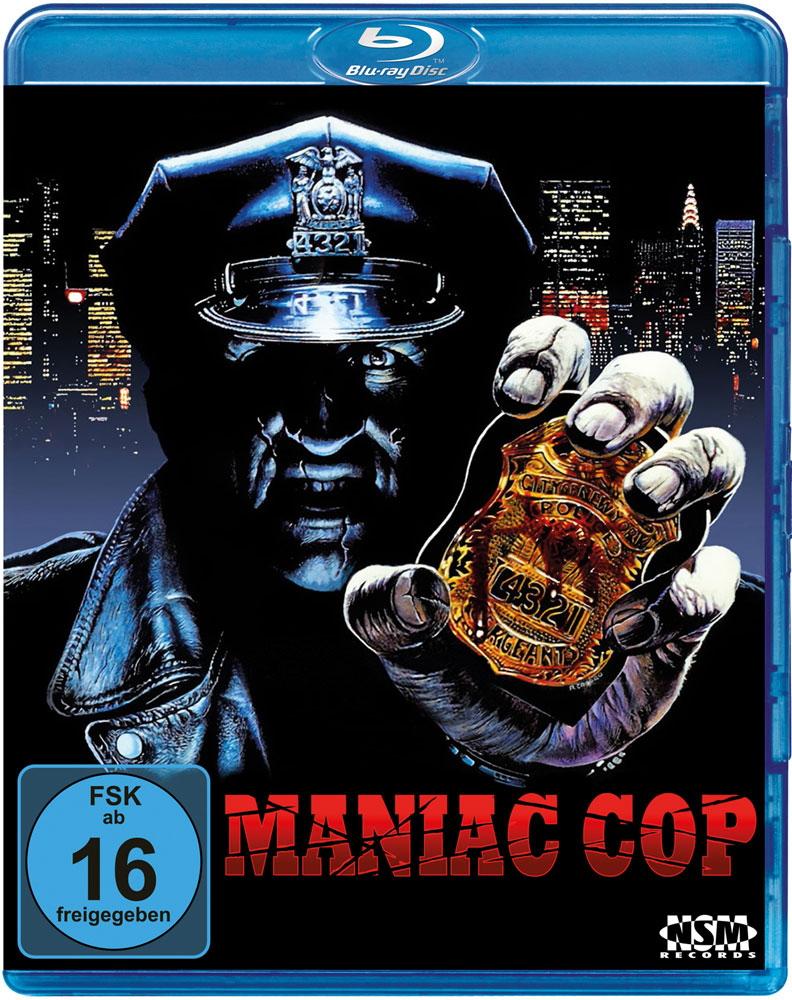 Filmcover mit einem Polizisten, der ein Abzeichen hält. Nachthimmel-Skyline im Hintergrund. Titel "Maniac Cop".