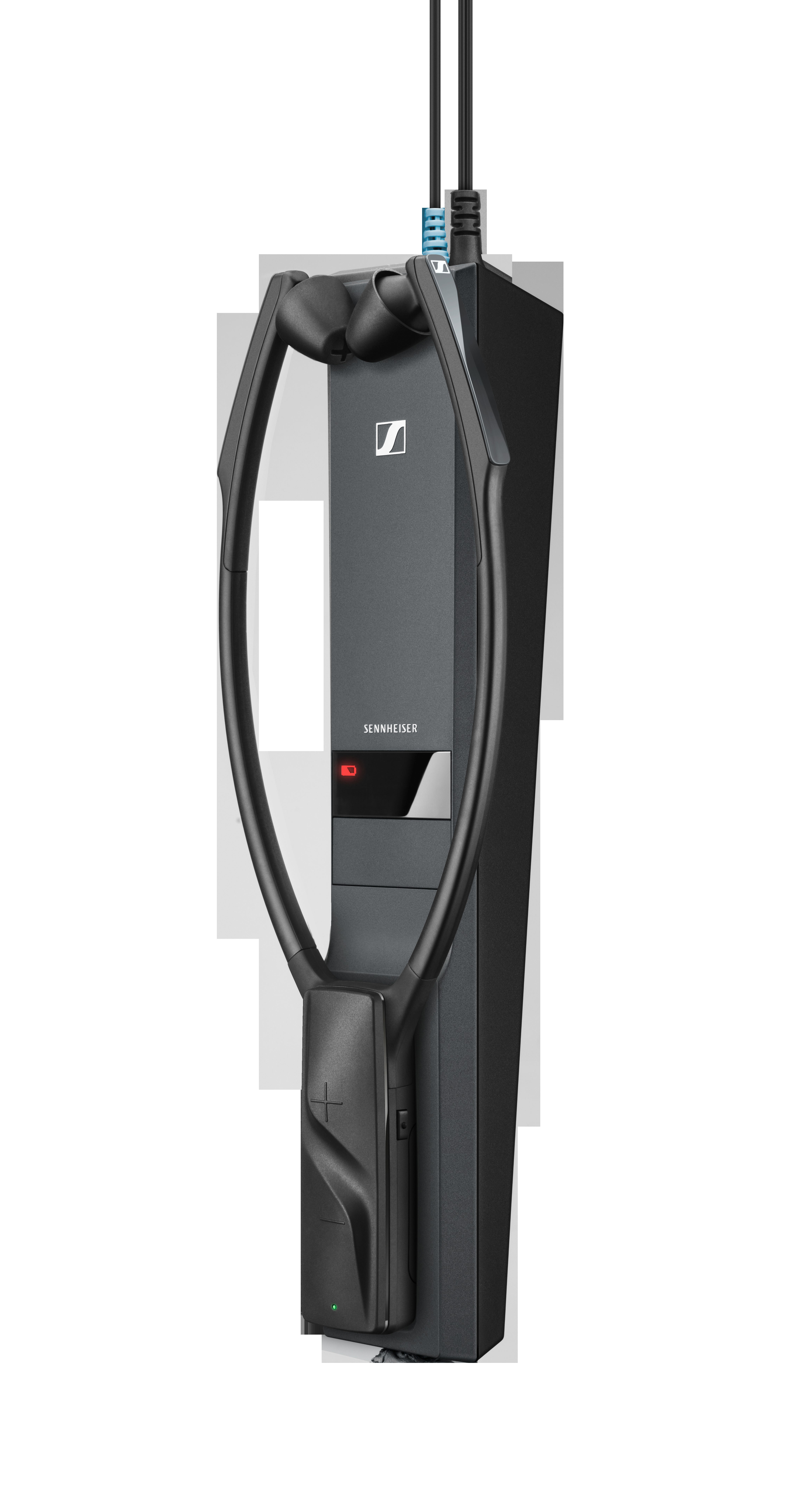 Schwarze kabellose Sennheiser-Kopfhörer mit schwarzer Basis.