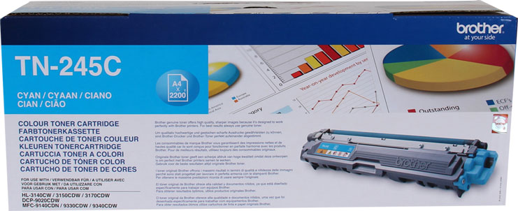 A cyan toner cartridge box with product details and a cyan toner cartridge, against a white background.