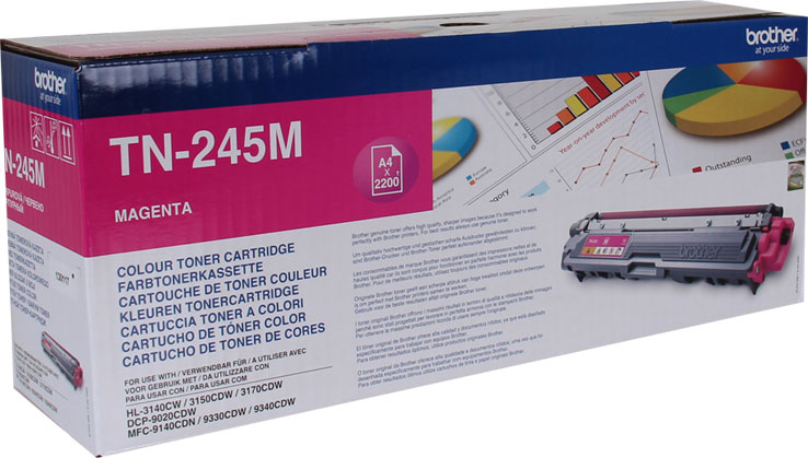 Magenta Brother toner cartridge box. The box displays a magenta toner cartridge and product information.