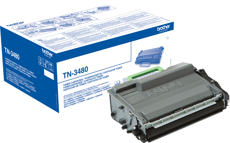Een Brother tonercartridge doos en de cartridge zelf, beide met merk- en productinfo.