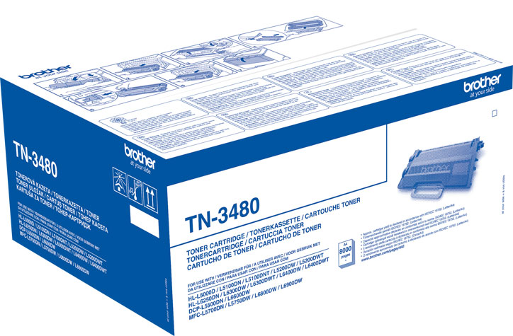 Brother tonercartridge doos, blauw en wit. Tekst in meerdere talen.