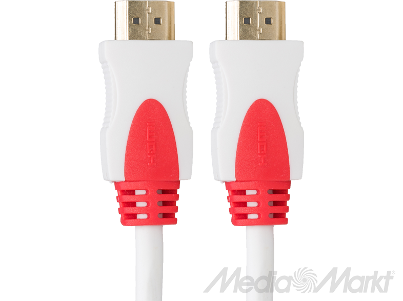 Két fehér és piros HDMI kábel arany csatlakozókkal fehér háttér előtt.