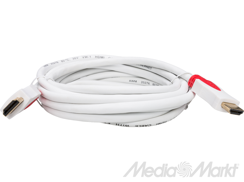 Fehér HDMI kábel piros végekkel. A MediaMarkt logója alul található.