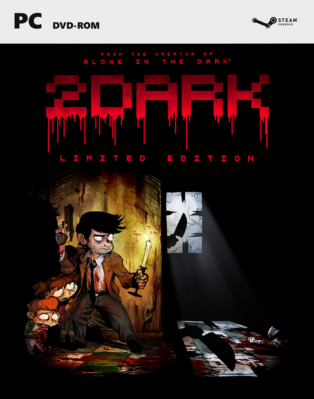 Cover art for a video game. A man with a gun and candle leads two children. Blood splatters the floor, with a knife visible.