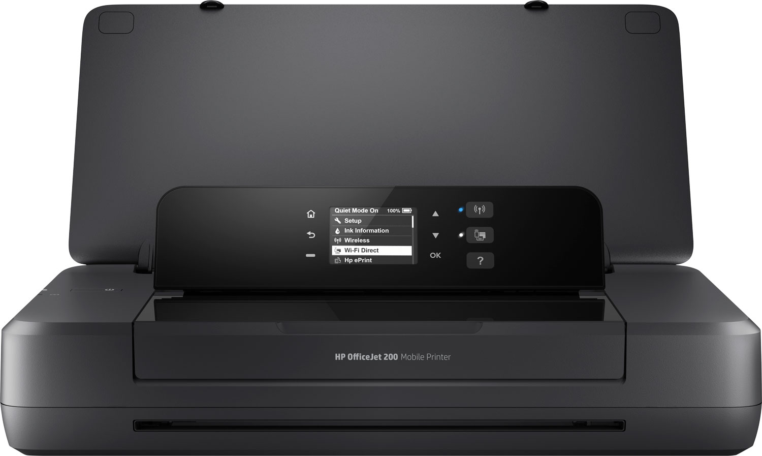Black HP OfficeJet 200 mobile printer with open top, screen visible.