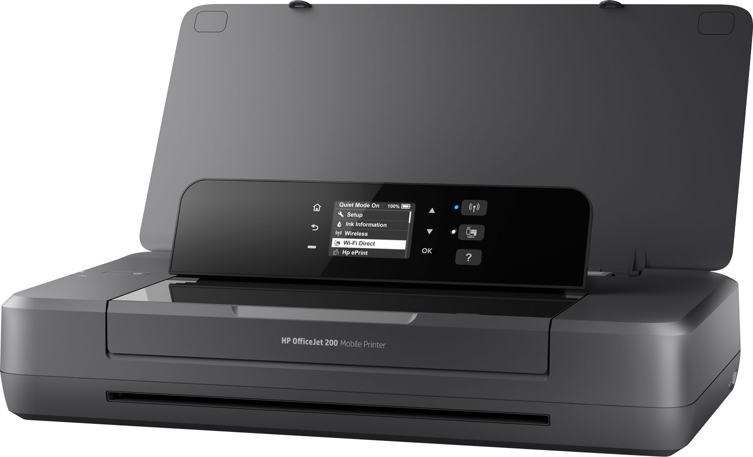 A dark gray mobile printer with the top open, showing the screen.