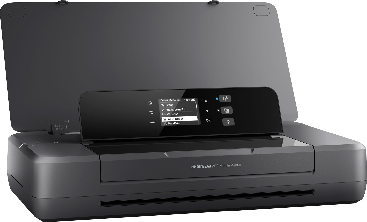 A black HP OfficeJet 200 mobile printer with its top open, displaying a screen.