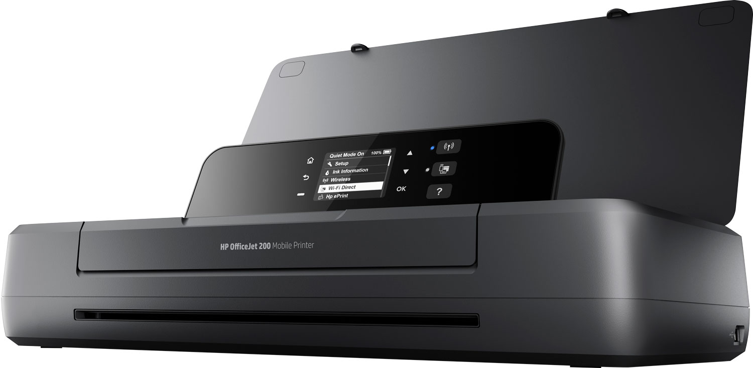 HP OfficeJet 200 mobile printer with a screen, open lid, and control buttons.