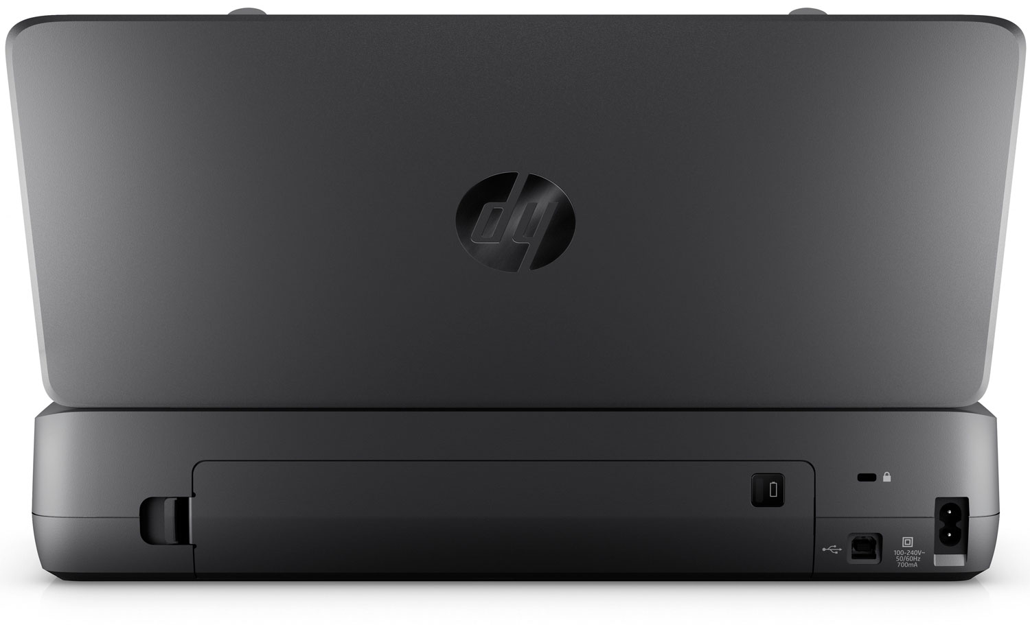 Back view of a gray HP printer. Visible power and data ports. White background.