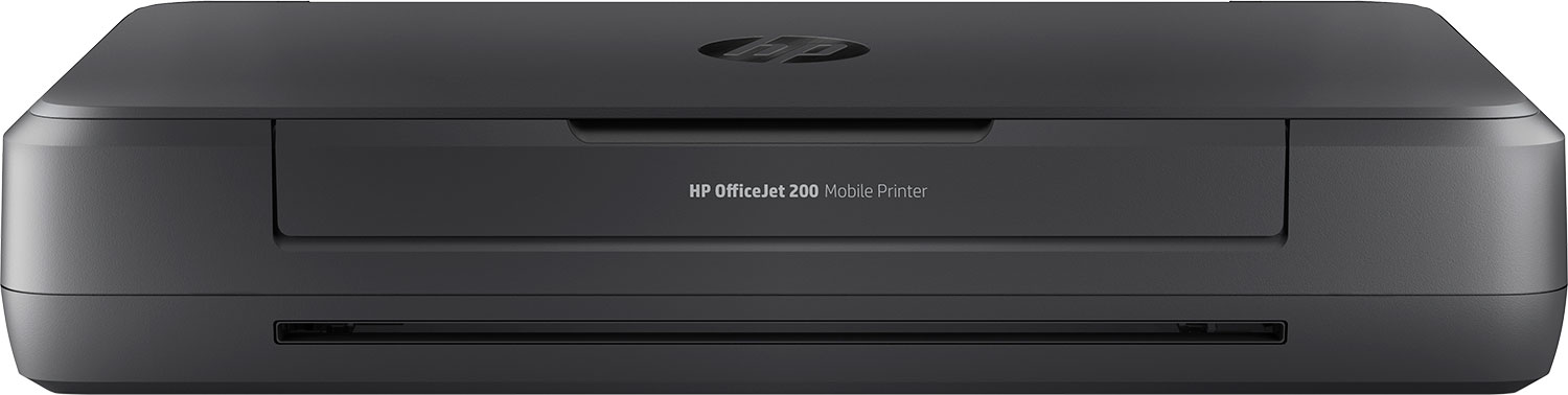 Black HP OfficeJet 200 Mobile Printer, front view. The printer has the HP logo on it.