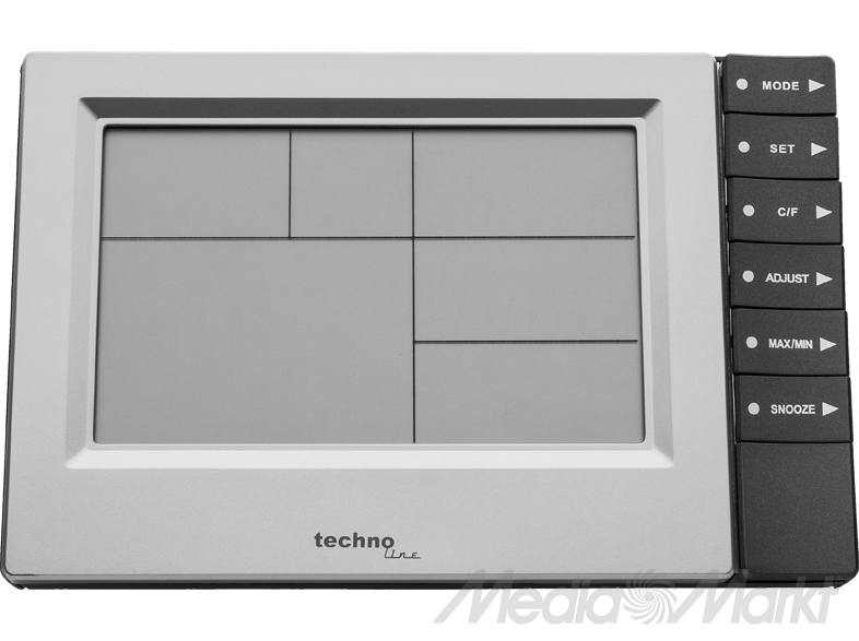 Szürke techno line óra, képernyővel és gombokkal, fehér háttéren. A Media Markt logó látható.