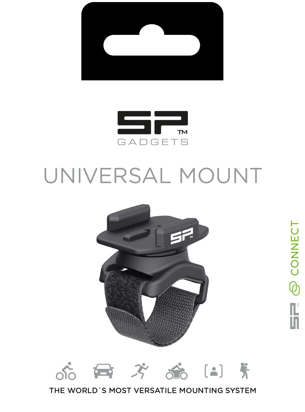Schwarze Universalhalterung für Geräte. Die Halterung befindet sich auf weißem Hintergrund mit dem SP Gadgets-Logo.