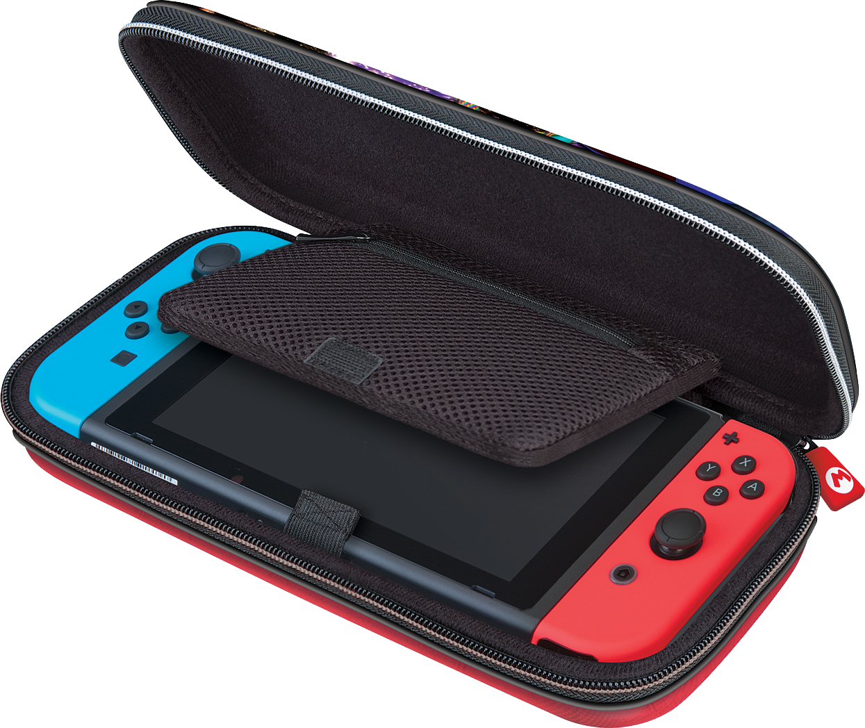 Black and red Nintendo Switch case with a console inside. Interior: a small pocket, and a red handle. Black background.